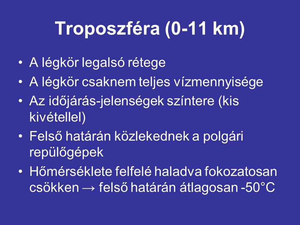 Troposzféra (0-11 km) A légkör legalsó rétege