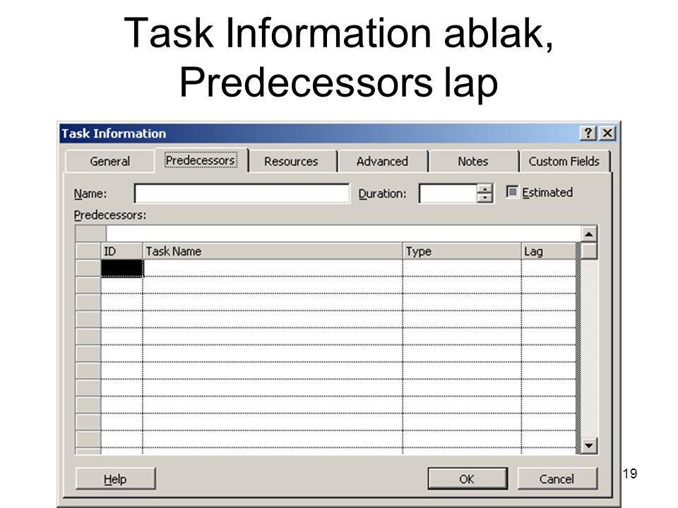 Task Information ablak, Predecessors lap