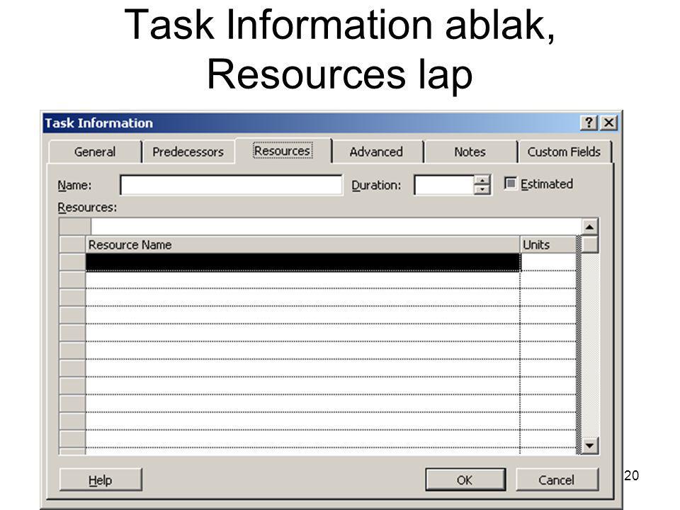 Task Information ablak, Resources lap