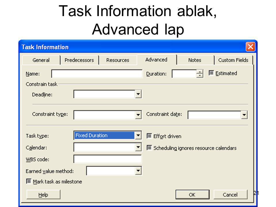 Task Information ablak, Advanced lap