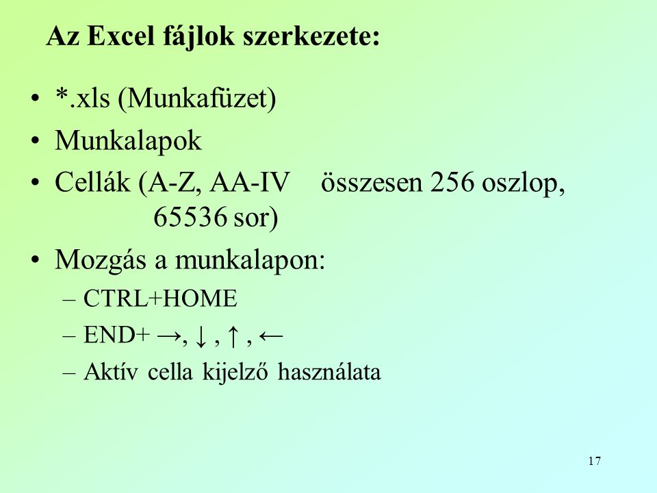 Az Excel fájlok szerkezete: