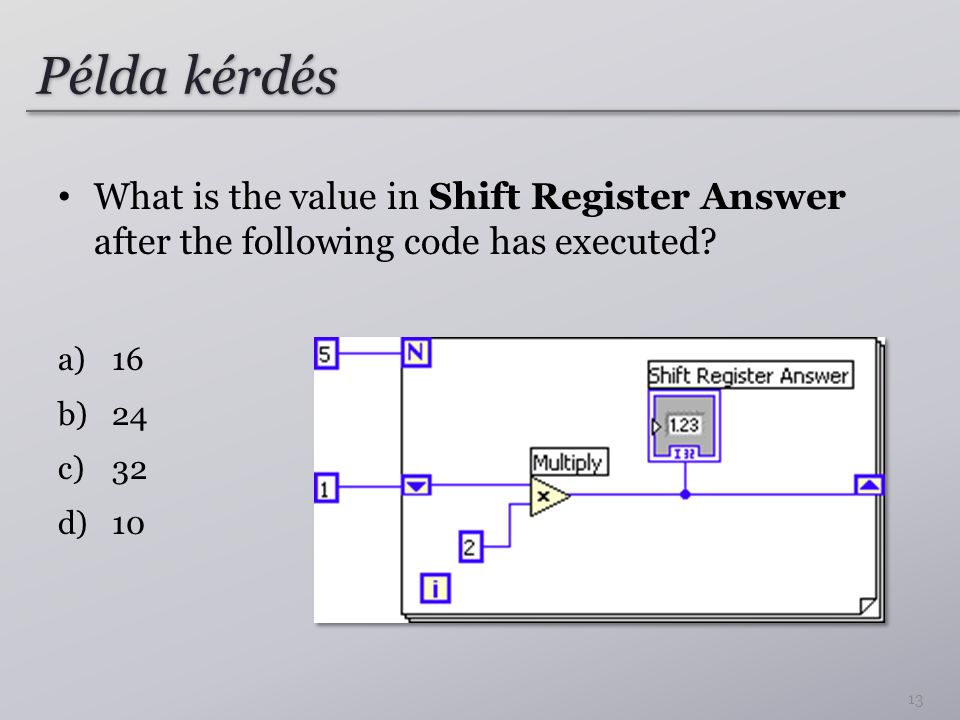 Példa kérdés What is the value in Shift Register Answer after the following code has executed 16.