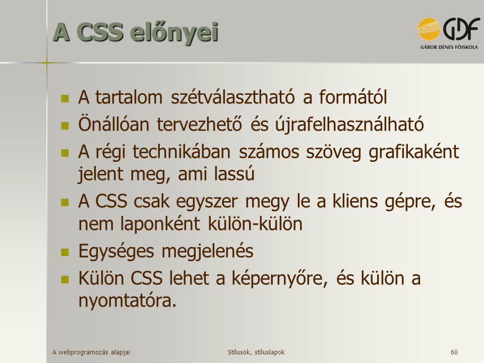 A CSS előnyei A tartalom szétválasztható a formától