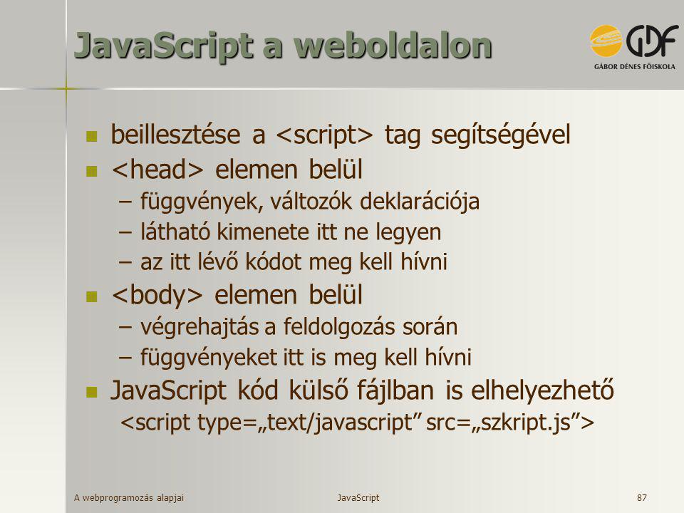 JavaScript a weboldalon