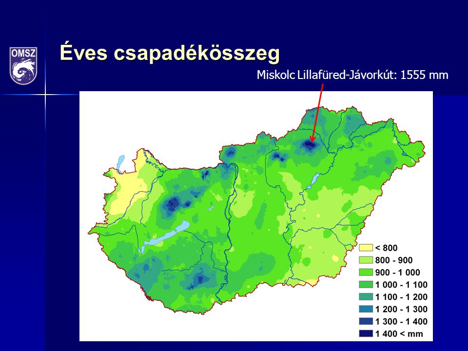 Éves csapadékösszeg Miskolc Lillafüred-Jávorkút: 1555 mm