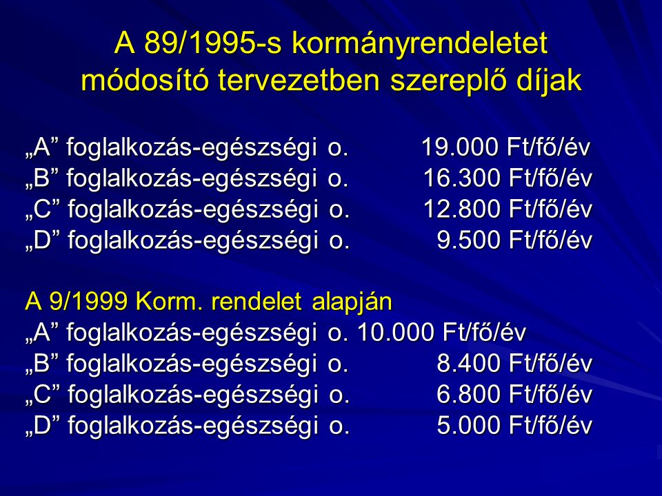 A 89/1995-s kormányrendeletet módosító tervezetben szereplő díjak