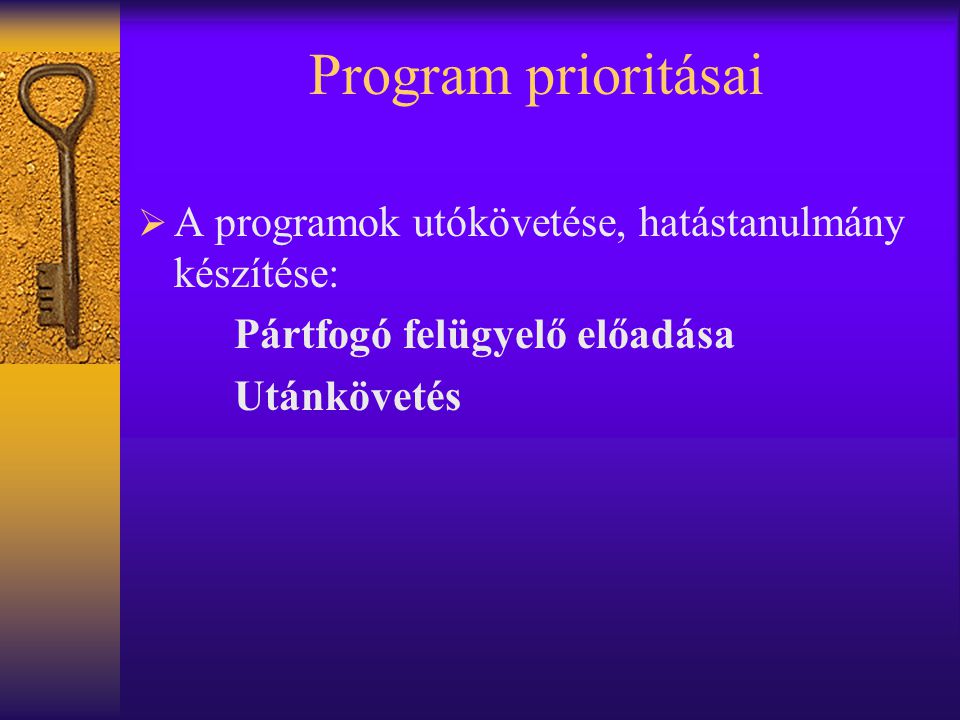 Program prioritásai A programok utókövetése, hatástanulmány készítése: