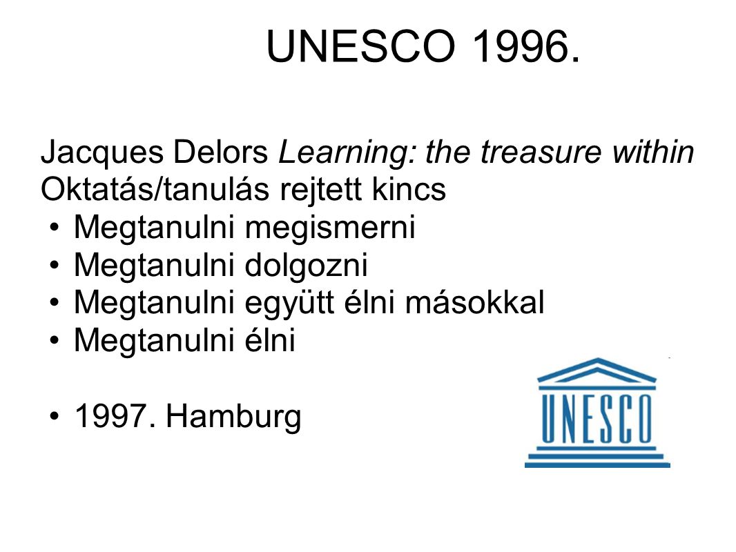 UNESCO Jacques Delors Learning: the treasure within Oktatás/tanulás rejtett kincs. Megtanulni megismerni.