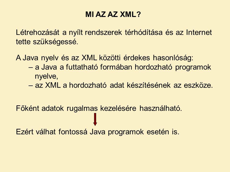 MI AZ AZ XML Létrehozását a nyílt rendszerek térhódítása és az Internet tette szükségessé. A Java nyelv és az XML közötti érdekes hasonlóság: