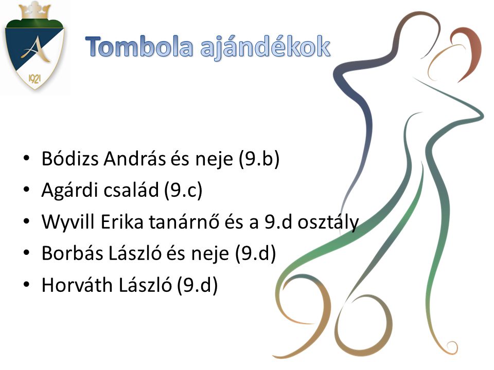 Tombola ajándékok Bódizs András és neje (9.b) Agárdi család (9.c)