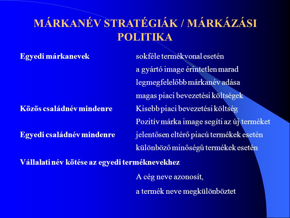 MÁRKANÉV STRATÉGIÁK / MÁRKÁZÁSI POLITIKA