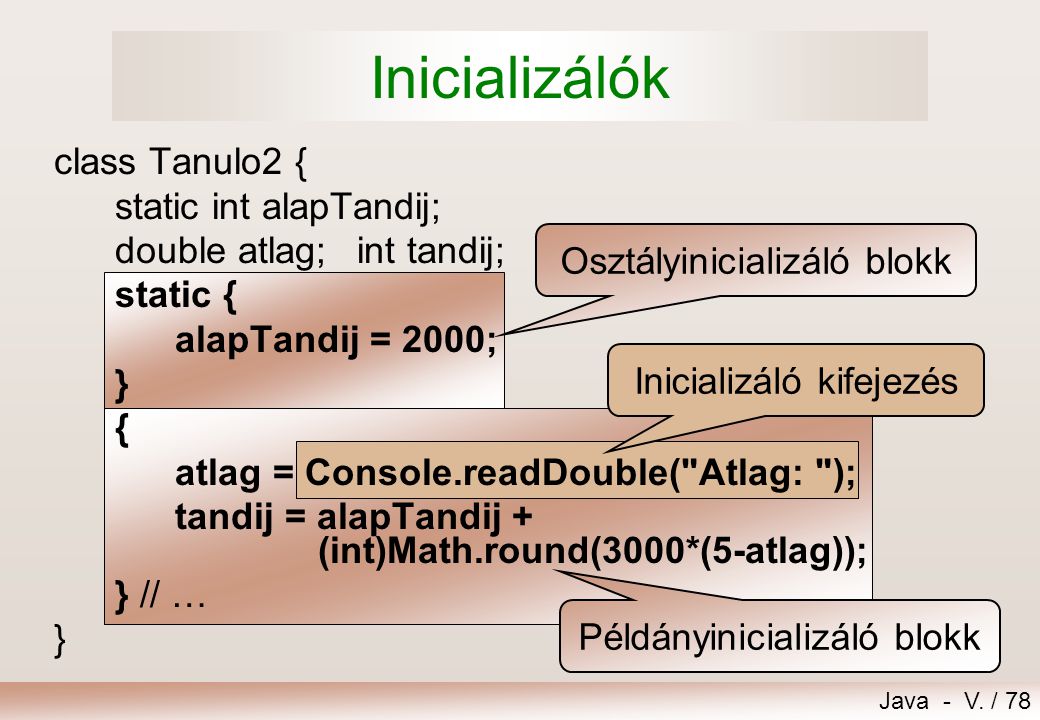 Inicializálók class Tanulo2 { static int alapTandij;