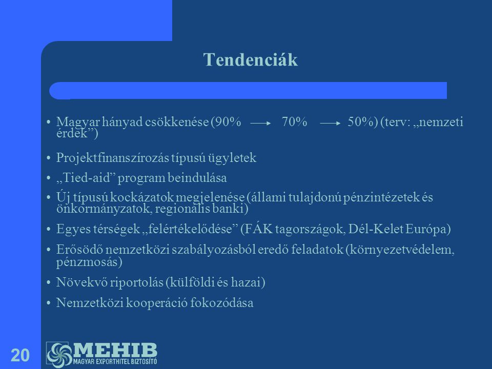 Tendenciák Magyar hányad csökkenése (90% 70% 50%) (terv: „nemzeti érdek ) Projektfinanszírozás típusú ügyletek.