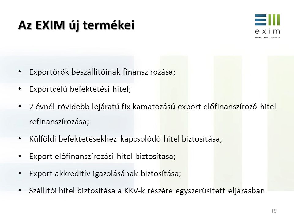 Az EXIM új termékei Exportőrök beszállítóinak finanszírozása;