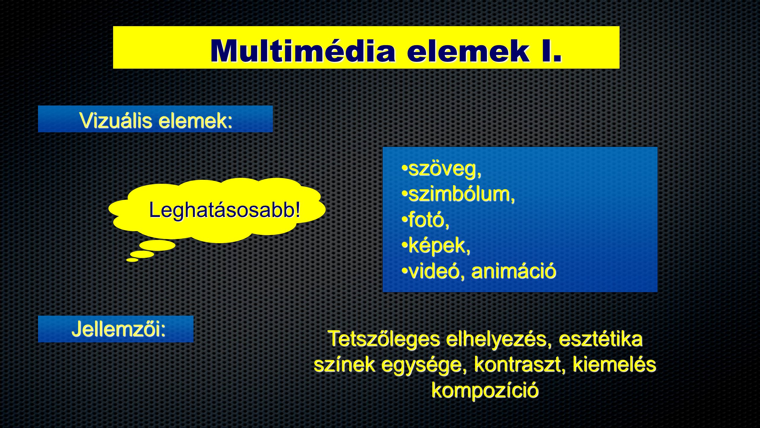Multimédia elemek I. Vizuális elemek: szöveg, szimbólum, fotó, képek,