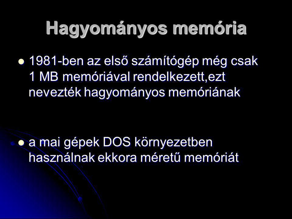Hagyományos memória 1981-ben az első számítógép még csak 1 MB memóriával rendelkezett,ezt nevezték hagyományos memóriának.