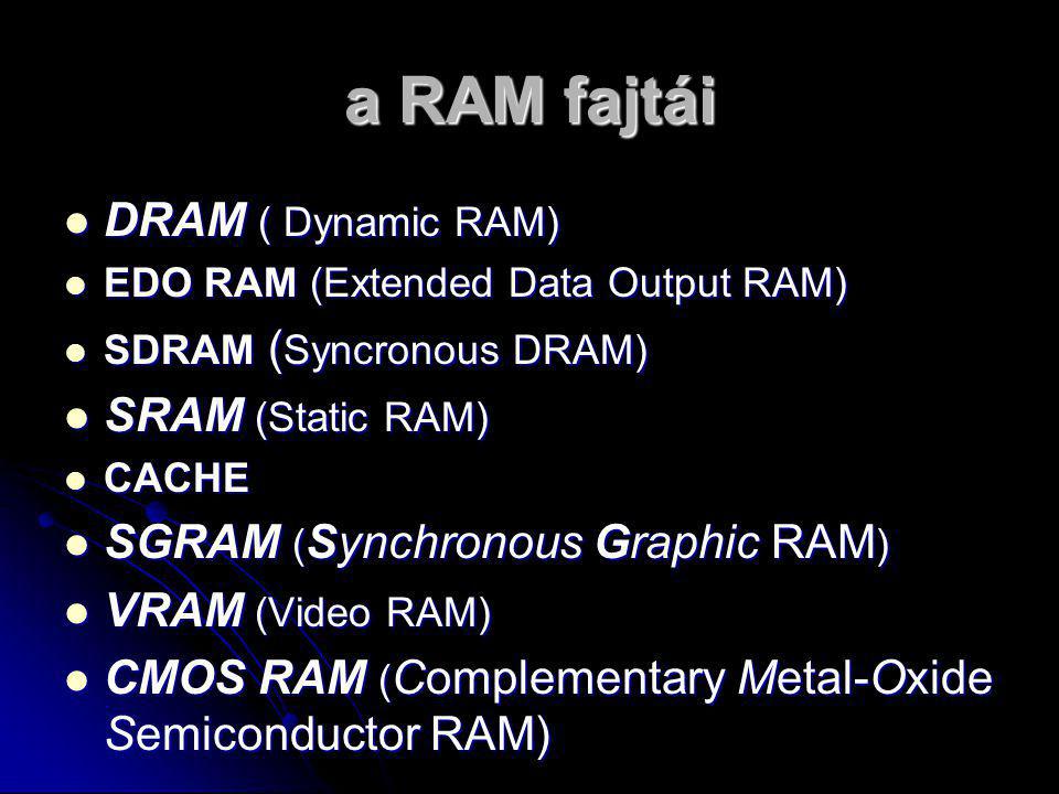 a RAM fajtái DRAM ( Dynamic RAM) SRAM (Static RAM)