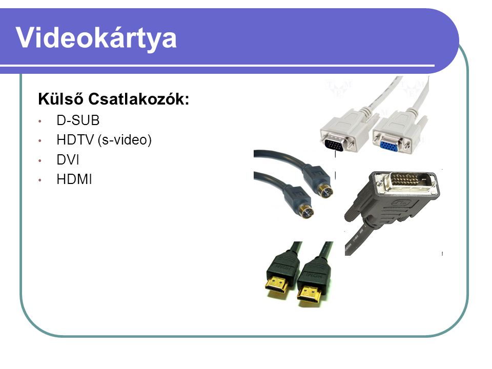 Videokártya Külső Csatlakozók: D-SUB HDTV (s-video) DVI HDMI