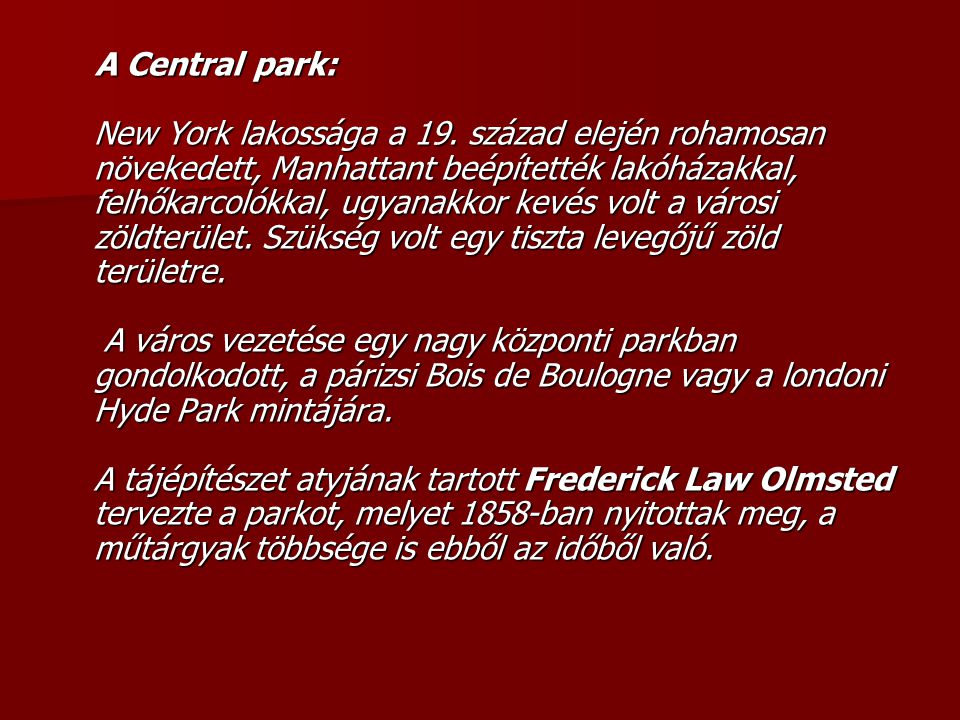 A Central park: New York lakossága a 19