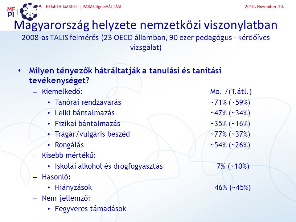 2010. November 30. Magyarország helyzete nemzetközi viszonylatban 2008-as TALIS felmérés (23 OECD államban, 90 ezer pedagógus - kérdőíves vizsgálat)