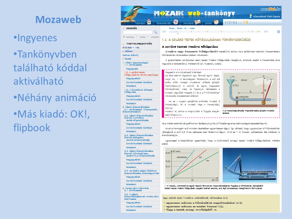 Mozaweb Ingyenes Tankönyvben található kóddal aktiválható Néhány animáció Más kiadó: OK!, flipbook