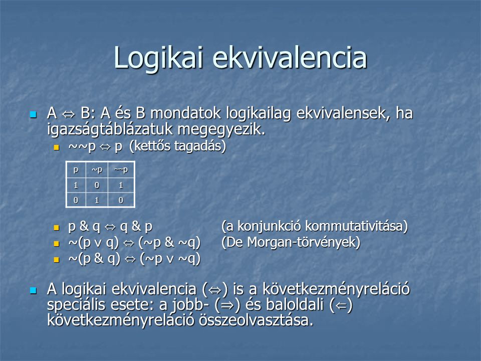 Logikai ekvivalencia A ⇔ B: A és B mondatok logikailag ekvivalensek, ha igazságtáblázatuk megegyezik.