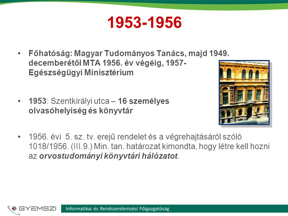 Főhatóság: Magyar Tudományos Tanács, majd decemberétől MTA év végéig, Egészségügyi Minisztérium.