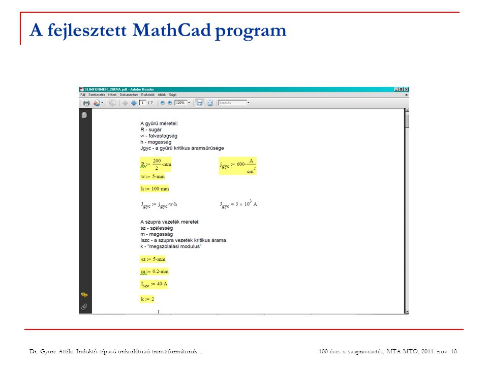 A fejlesztett MathCad program