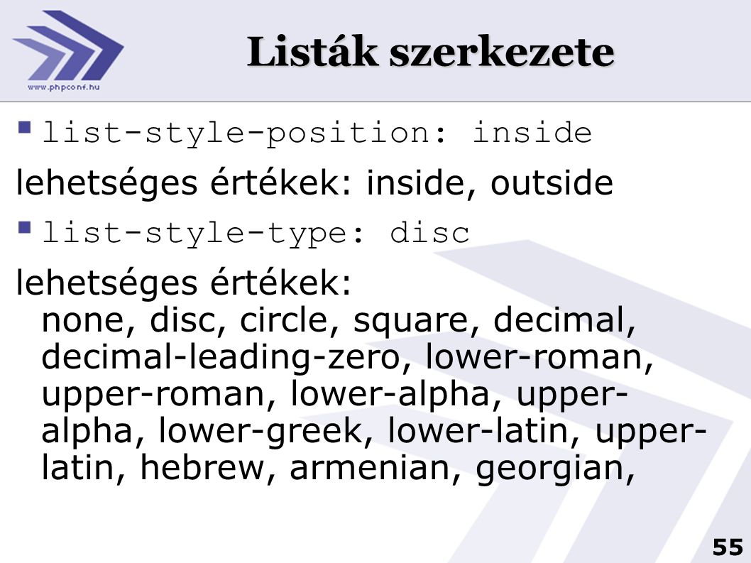 Listák szerkezete list-style-position: inside