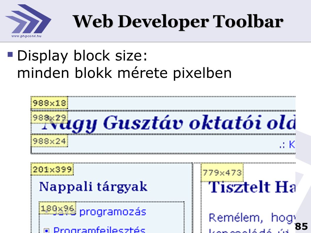 Web Developer Toolbar Display block size: minden blokk mérete pixelben