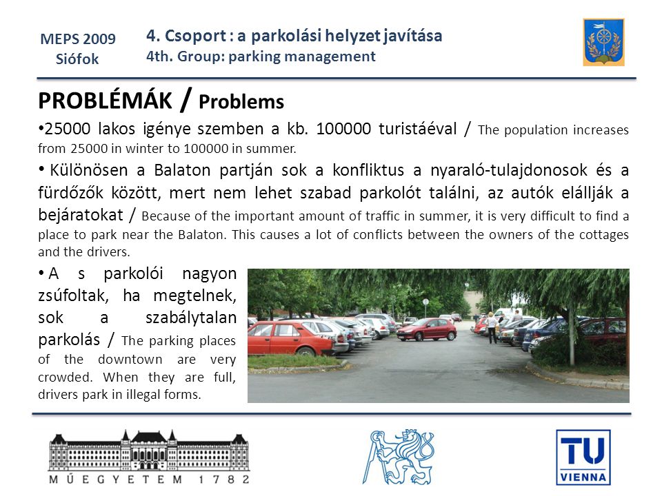 MEPS 2009 Siófok. 4. Csoport : a parkolási helyzet javítása. 4th. Group: parking management. PROBLÉMÁK / Problems.