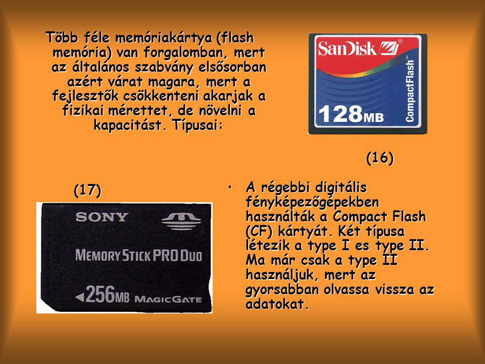 Több féle memóriakártya (flash memória) van forgalomban, mert az általános szabvány elsősorban azért várat magara, mert a fejlesztők csökkenteni akarjak a fizikai mérettet, de növelni a kapacitást. Típusai:
