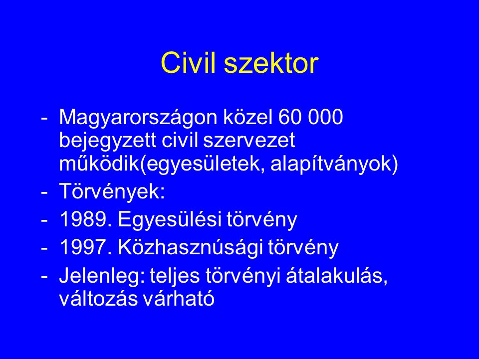 Civil szektor Magyarországon közel bejegyzett civil szervezet működik(egyesületek, alapítványok)