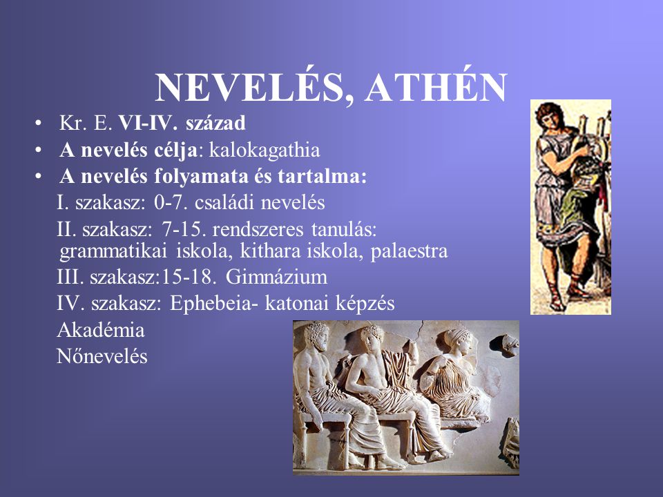 NEVELÉS, ATHÉN Kr. E. VI-IV. század A nevelés célja: kalokagathia