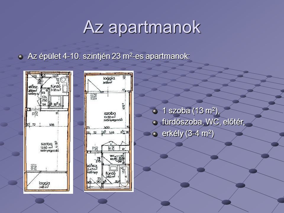Az apartmanok Az épület szintjén 23 m2-es apartmanok:
