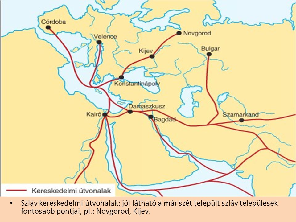 Szláv kereskedelmi útvonalak: jól látható a már szét települt szláv települések fontosabb pontjai, pl.: Novgorod, Kijev.