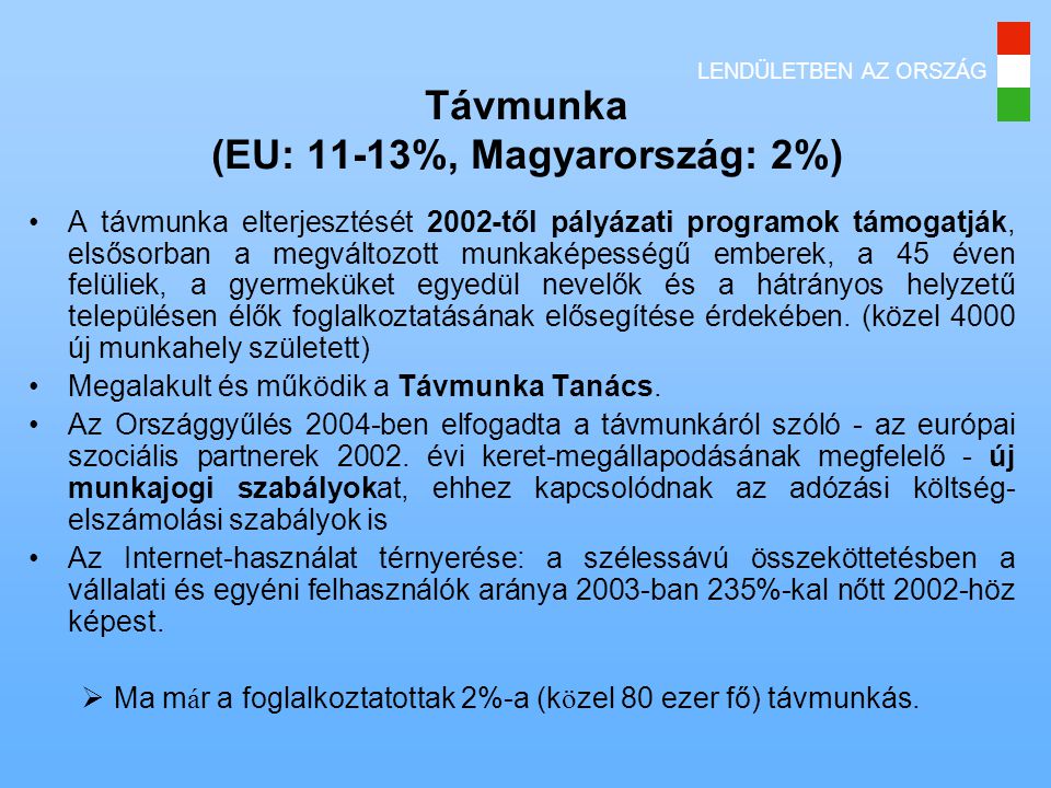 Távmunka (EU: 11-13%, Magyarország: 2%)