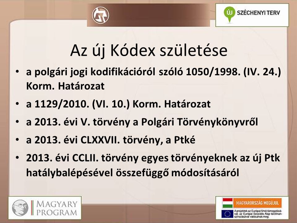 Az új Kódex születése a polgári jogi kodifikációról szóló 1050/1998. (IV. 24.) Korm. Határozat. a 1129/2010. (VI. 10.) Korm. Határozat.