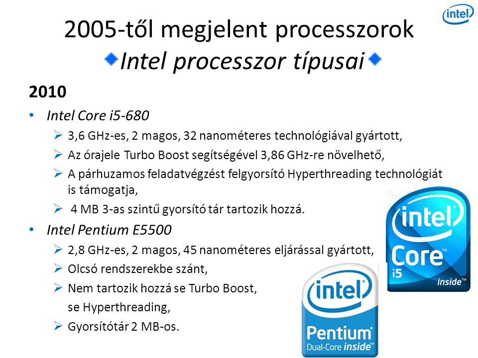 2005-től megjelent processzorok Intel processzor típusai