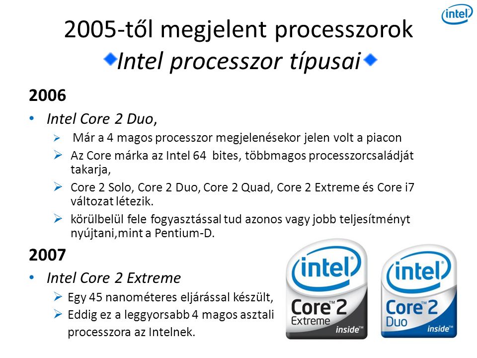 2005-től megjelent processzorok Intel processzor típusai