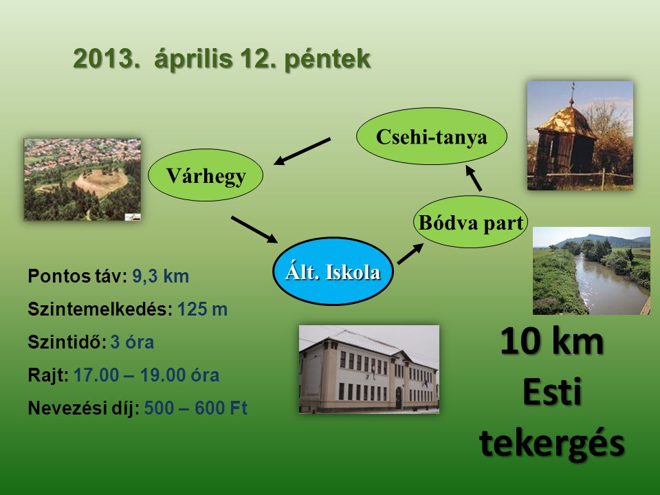 10 km Esti tekergés április 12. péntek Csehi-tanya Várhegy
