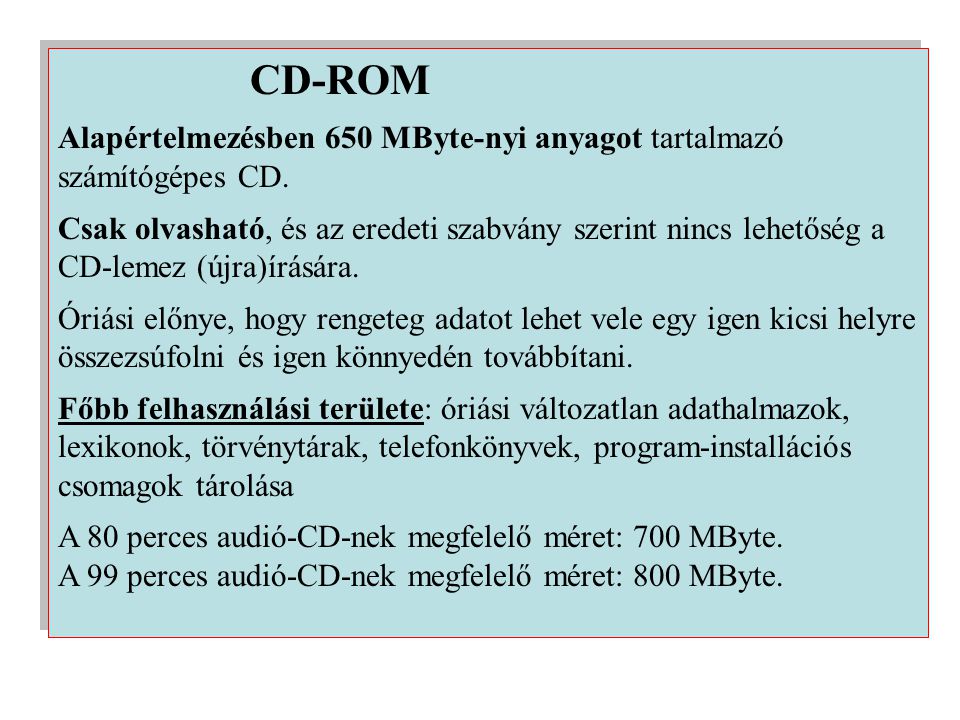 CD-ROM Alapértelmezésben 650 MByte-nyi anyagot tartalmazó számítógépes CD.