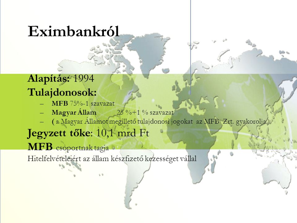 Eximbankról Alapítás: 1994 Tulajdonosok: Jegyzett tőke: 10,1 mrd Ft