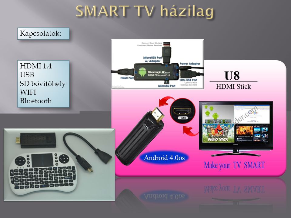 SMART TV házilag Kapcsolatok: HDMI 1.4 USB SD bővítőhely WIFI