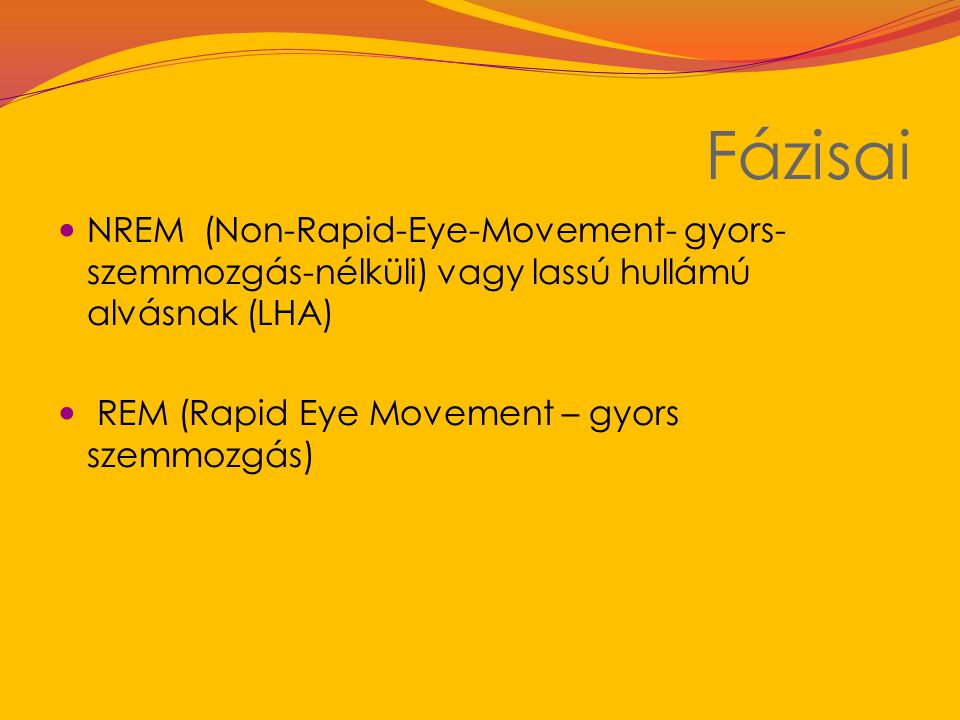 Fázisai NREM (Non-Rapid-Eye-Movement- gyors-szemmozgás-nélküli) vagy lassú hullámú alvásnak (LHA) REM (Rapid Eye Movement – gyors szemmozgás)