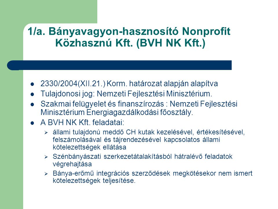 1/a. Bányavagyon-hasznosító Nonprofit Közhasznú Kft. (BVH NK Kft.)
