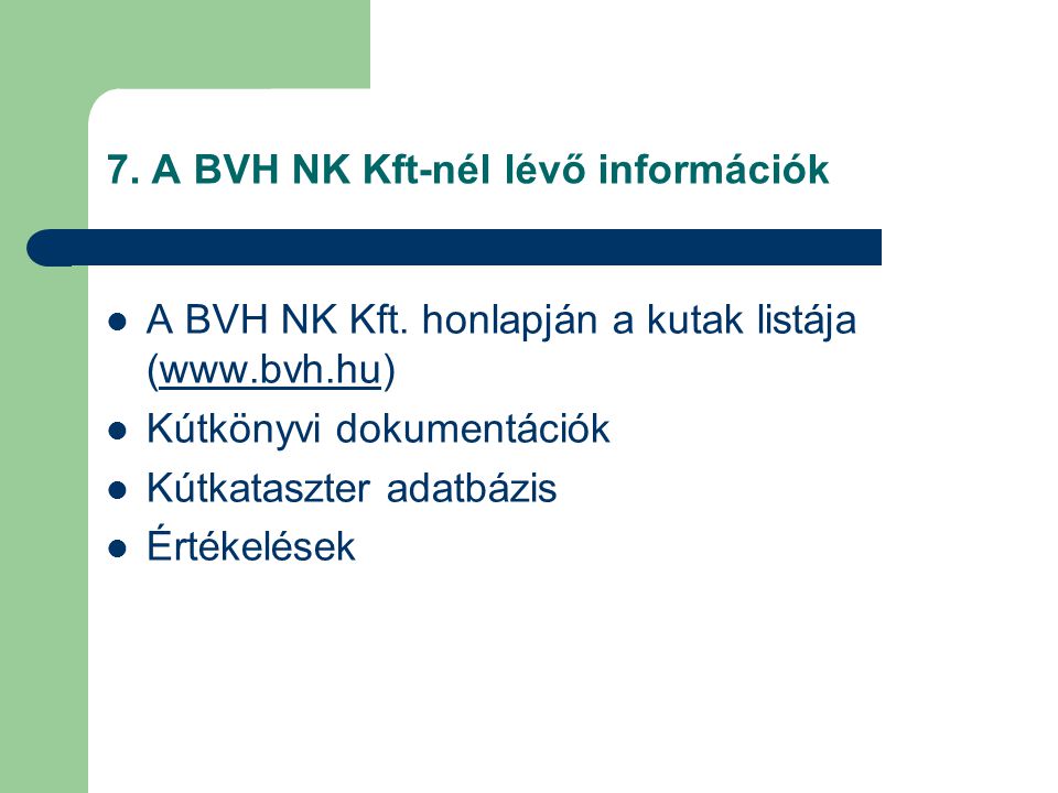 7. A BVH NK Kft-nél lévő információk