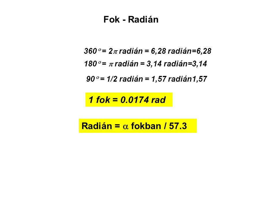 Fok - Radián 1 fok = rad Radián =  fokban / 57.3