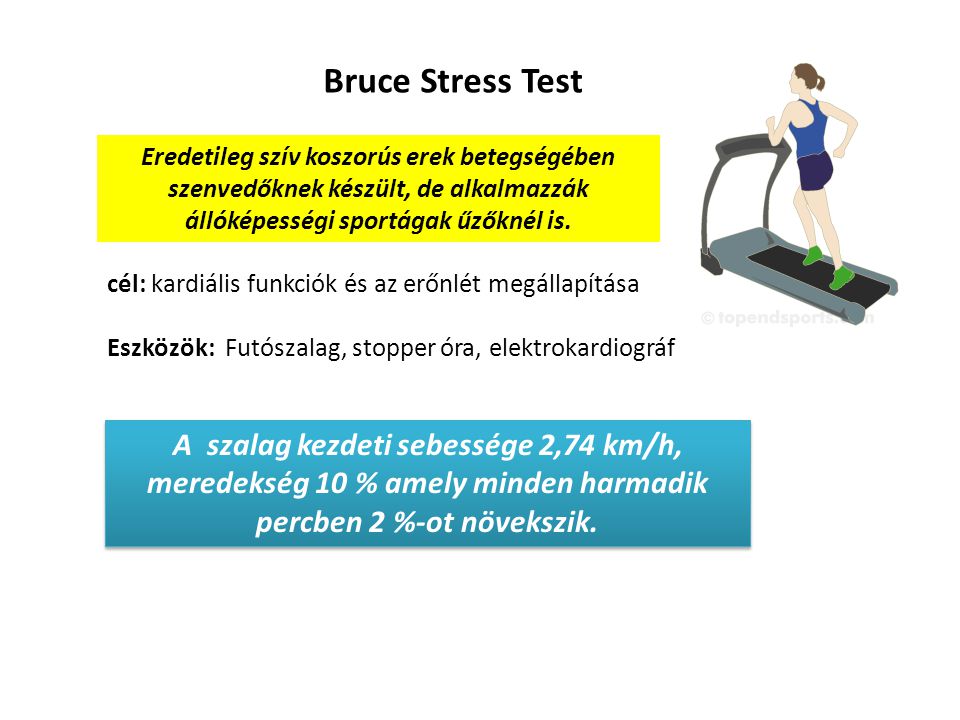 Bruce Stress Test Eredetileg szív koszorús erek betegségében szenvedőknek készült, de alkalmazzák állóképességi sportágak űzőknél is.