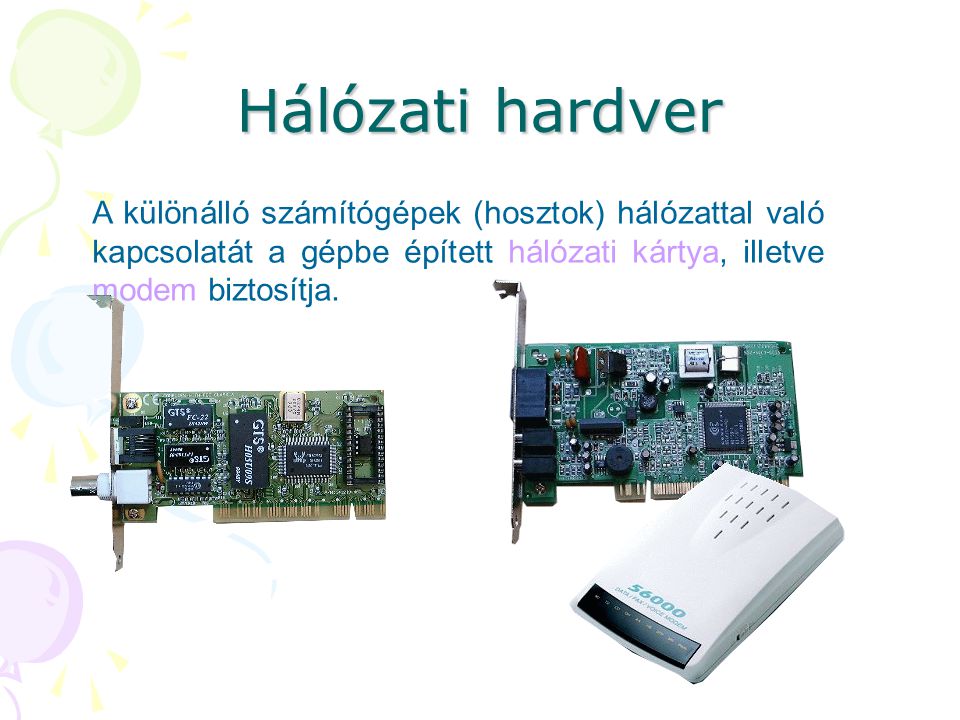 Hálózati hardver A különálló számítógépek (hosztok) hálózattal való kapcsolatát a gépbe épített hálózati kártya, illetve modem biztosítja.